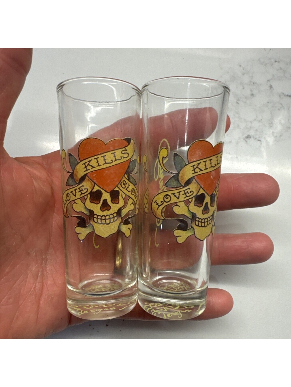 Don Ed Hardy LOVE KILLS SLOWLY 2 Shot Glasses